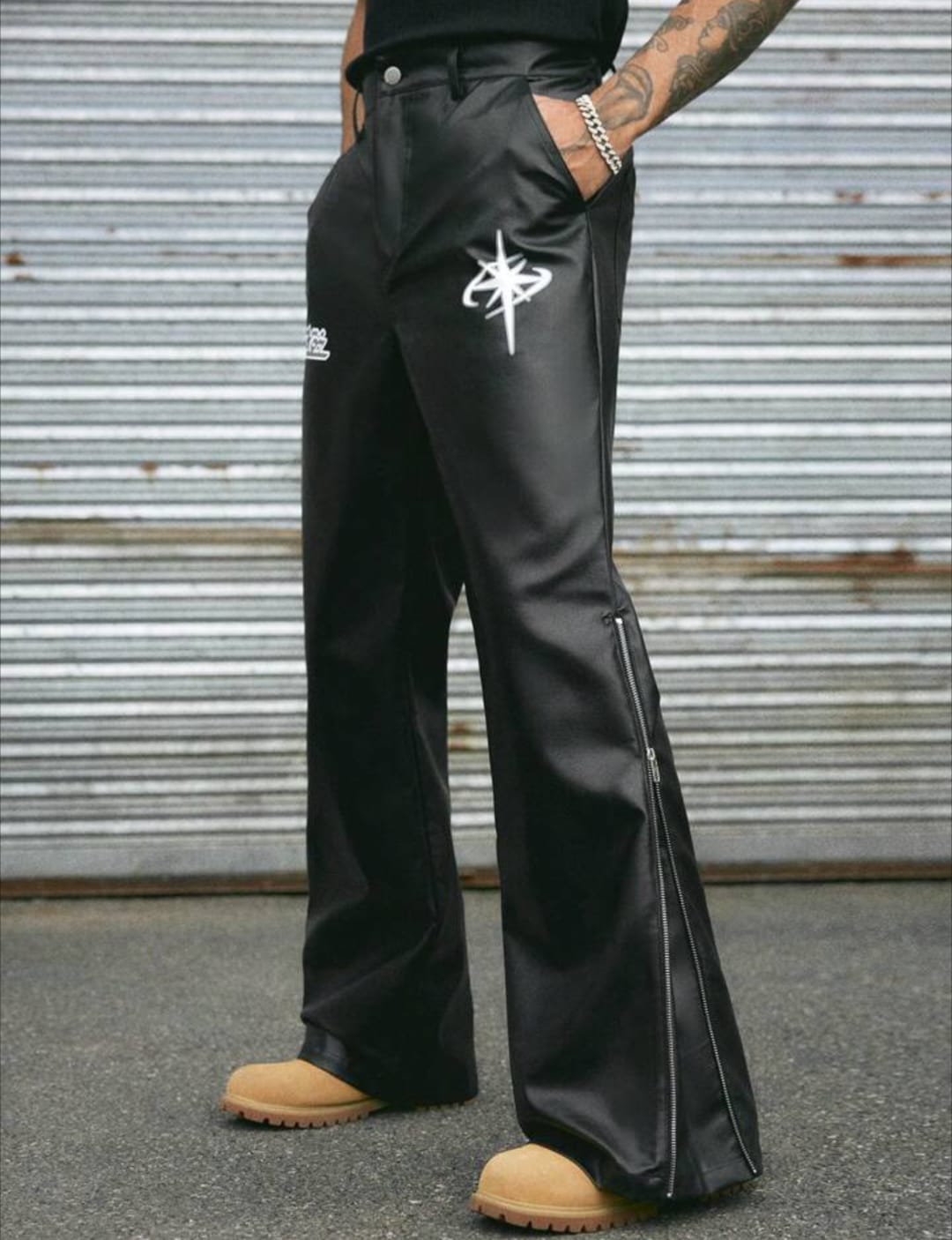 Men's Black Faux Leather Flared Pants with Side Zipper – Streetwear Statement Trousers